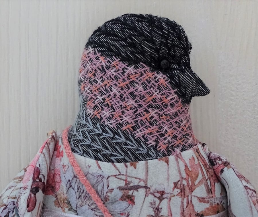 Hope - A Hand Embroidered Bullfinch Folk Art Rag Doll