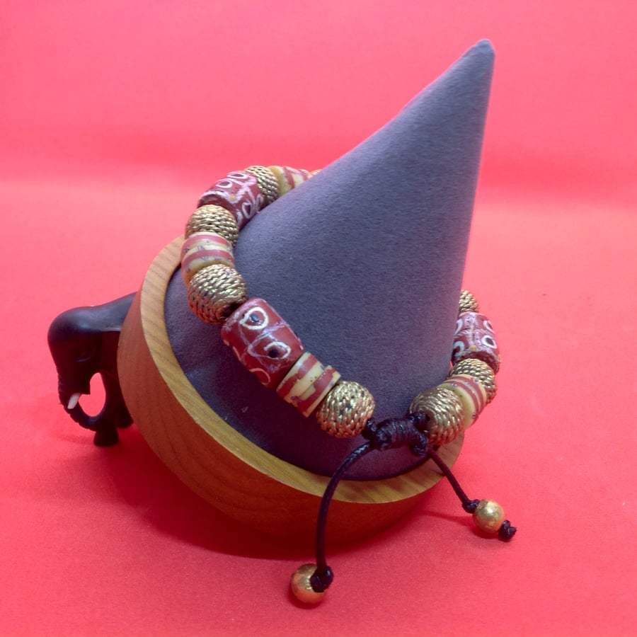 Mans bead bracelet, rare antique trade beads and handmade brass beads from Ghana