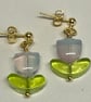 Bluey Pink and Green Coloured Glass Tulip Stud Earrings 