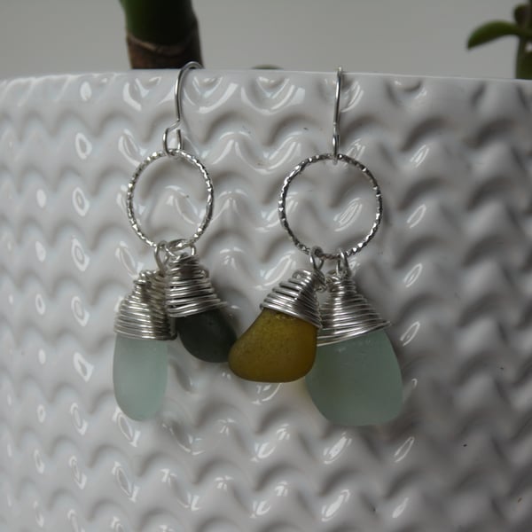 Seafoam & Mismatched Greens Cornish Sea Glass on Diamond Cut Rings Earrings E636