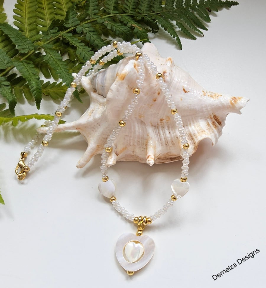 Designer Natural Mother of Pearl & Seed Bead  Necklace Gold Plated