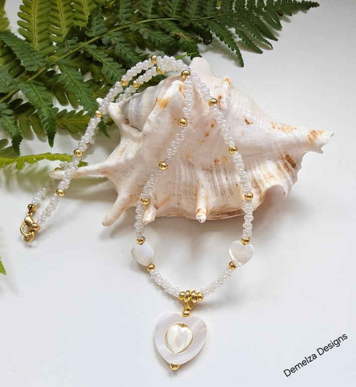 Designer Natural Mother of Pearl & Seed Bead  Necklace Gold Plated