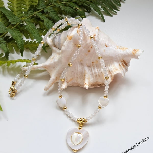 Designer Natural Mother of Pearl & Seed Bead  Necklace Gold Plated