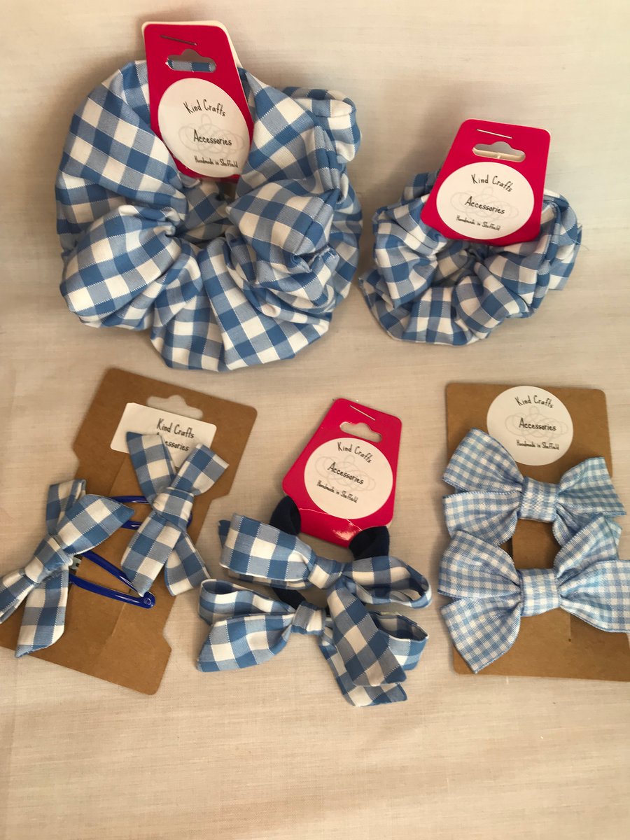 Blue gingham school bows, scrunchies, hair bands and ribbon accessories