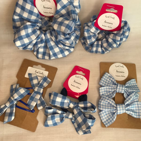 Blue gingham school bows, scrunchies, hair bands and ribbon accessories