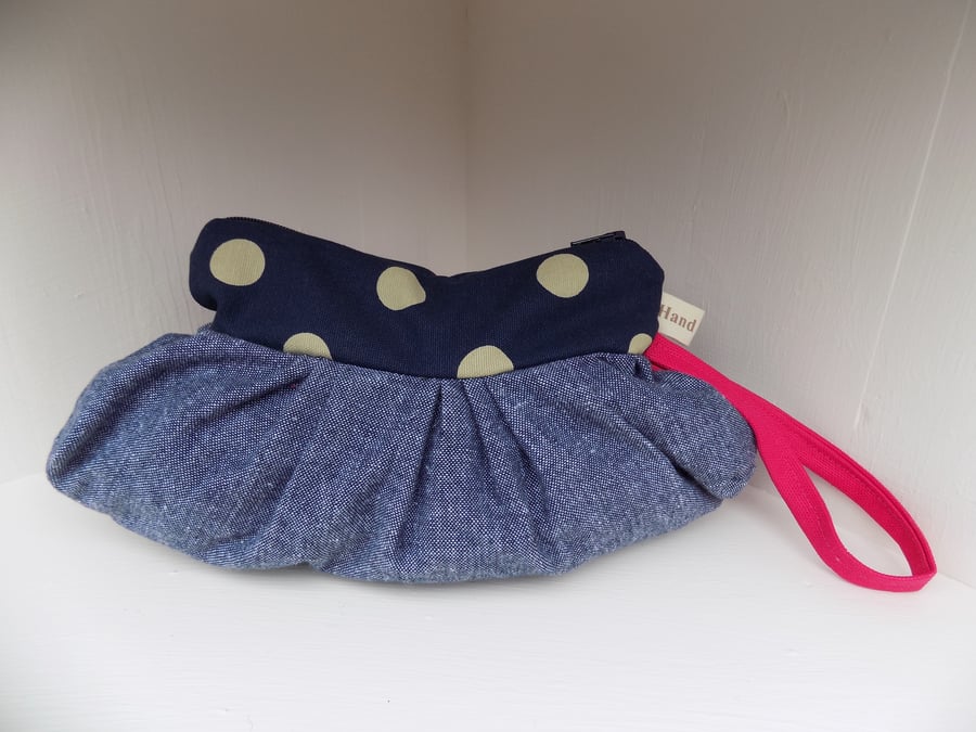 Evening Clutch Bag with Wrist Strap Denim Blue Navy Polka Dot and Hot Pink