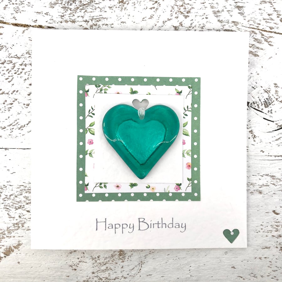 Birthday Card with Detachable Green Glass Heart 