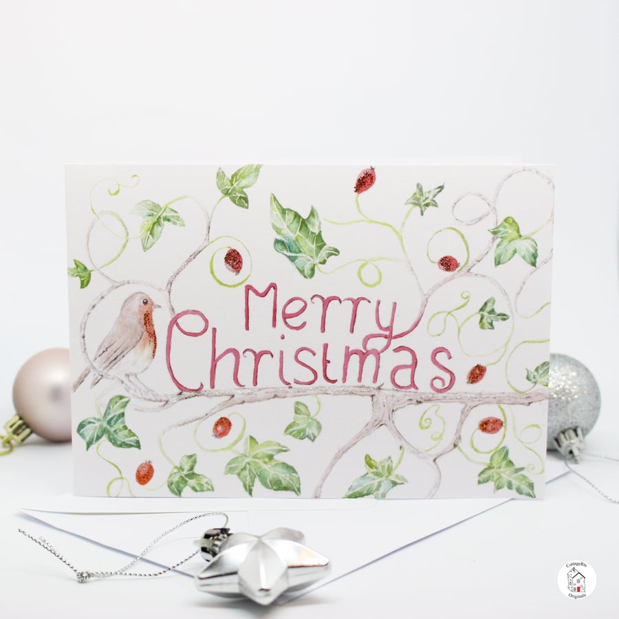 Christmas Card Robin and Ivy Greeting Card Hand Designed By CottageRts