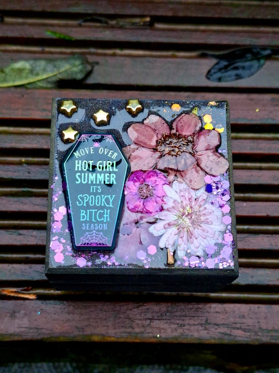 Wooden Trinket Keepsake Box small gothic spooky cute floral resin