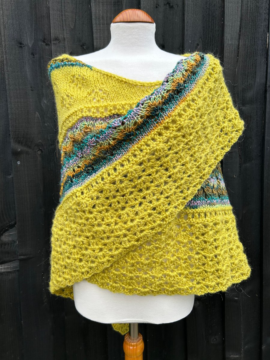 Long grass Grace mohair hand knitted textured lace shawl with crochet edge