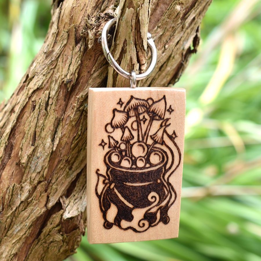 Witchy Fungi Cauldron. Pyrography key ring.