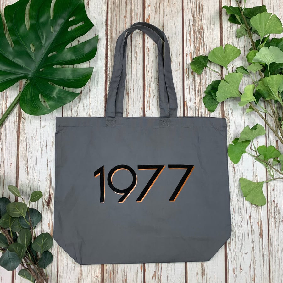 Organic grey cotton Large shopping bag- Year. Copper and Black Initial Personali