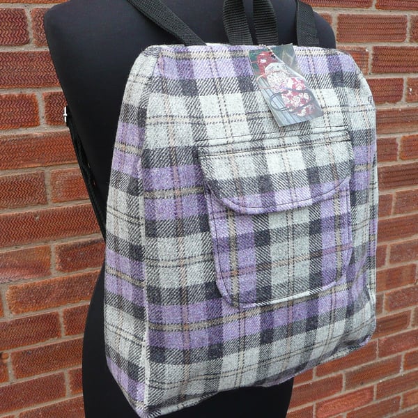 Purple tweed backpack, rucksack with gusset and hidden zip access