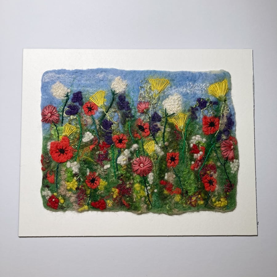 Wet felted and embroidered wild flower meadow picture 10" x 8"