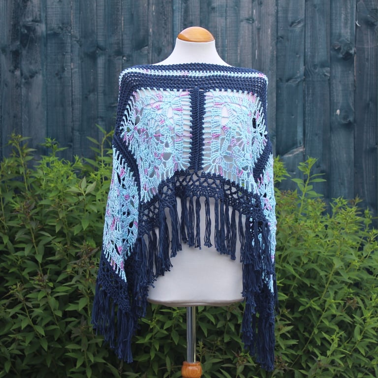 Deep Denim Blue and Blue Mix Crochet Poncho - Design A542