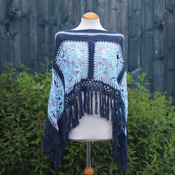 Deep Denim Blue and Blue Mix Crochet Poncho - Design A542