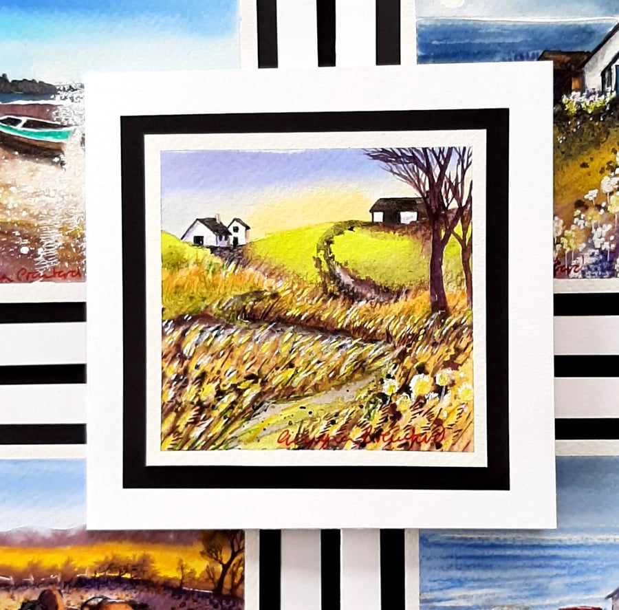 Any Occasion Greetings Card Of Tall Grass And Cottages. Blank Gift Or Notelet