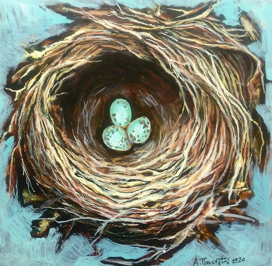Hedge sparrow nest, original painting on wood panel.