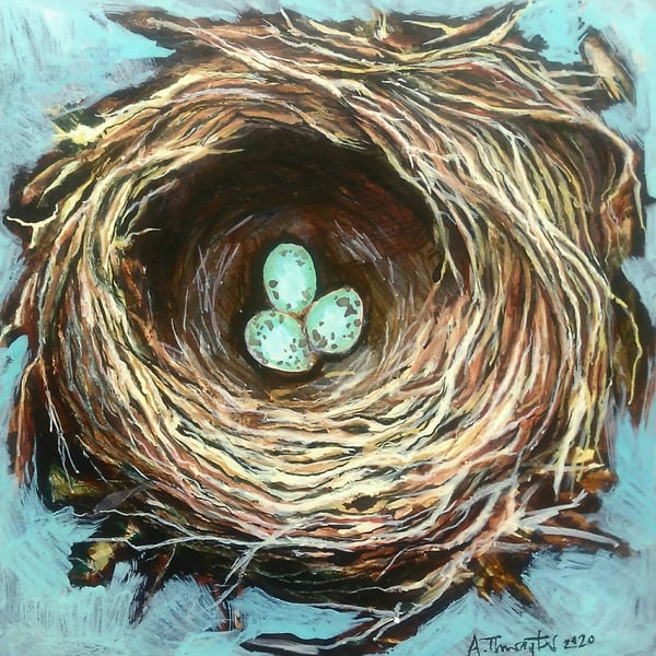 Hedge sparrow nest, original painting on wood panel.