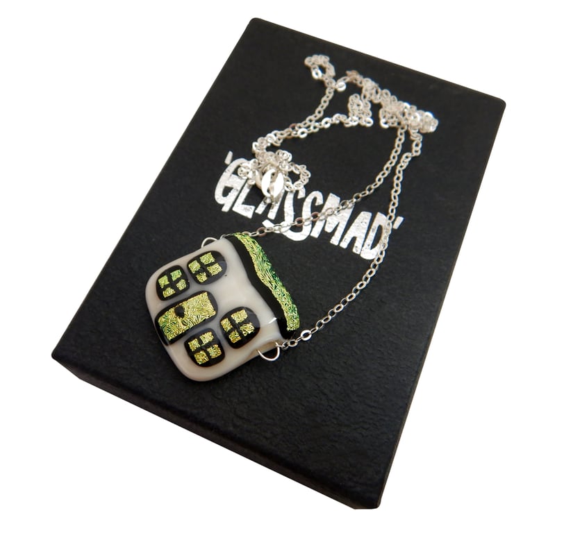 Handmade Fused Glass 'Little Gold Cottage' Pendant