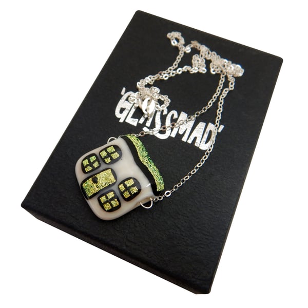 Handmade Fused Glass 'Little Gold Cottage' Pendant