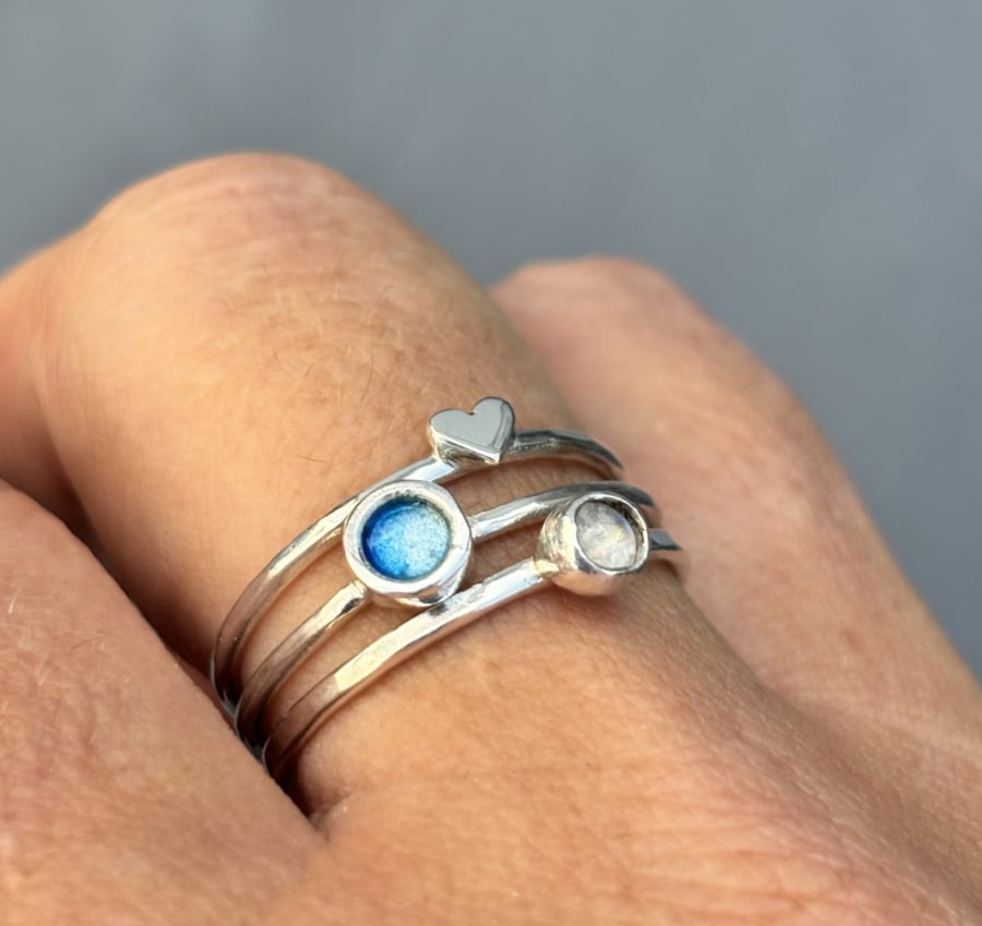 Rainbow Moonstone Stack Ring, silver stack ring, enamel ring, enamel stack ring,