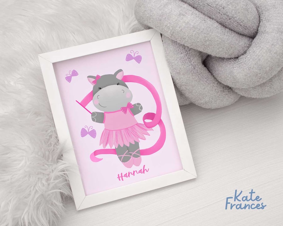 Personalised Pink Hippo Dancing Ballerina, Unframed Art Print