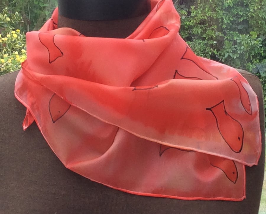 Red Fish  hand  painted silk square scarf 