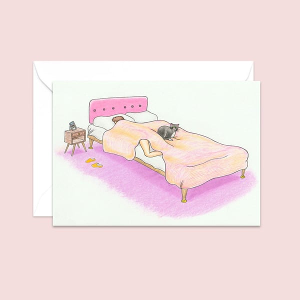 Cute Cat Greeting Card: Cosy Bed Cat Illustration (312)