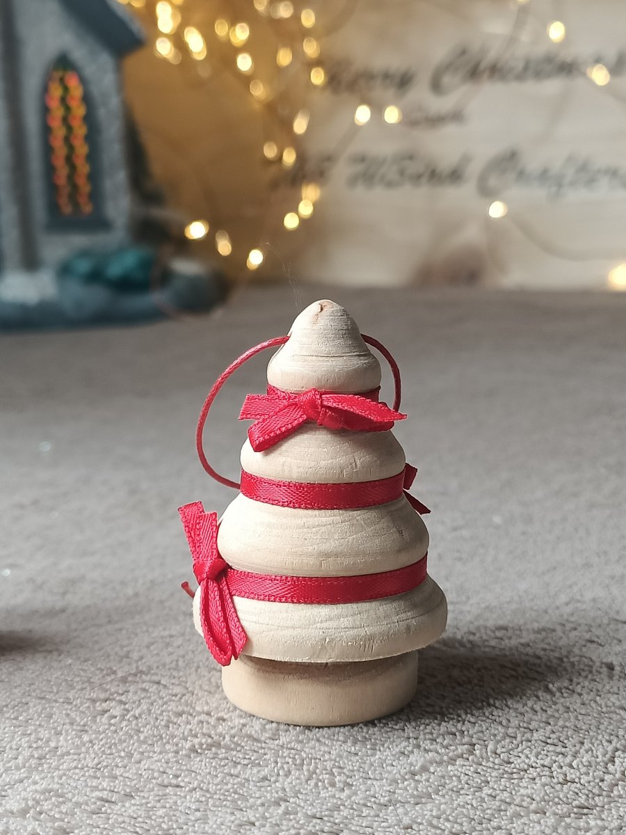 Wooden woodturned christmas tree hanging decoration red bow