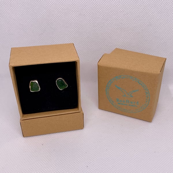 Dark Forest Green Sea Glass and Sterling Silver Stud Earrings - 1052