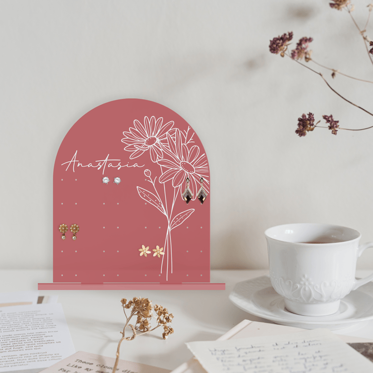 Custom Floral Earring Display- Personalised Earring Holder, Custom Name, Gift Fo