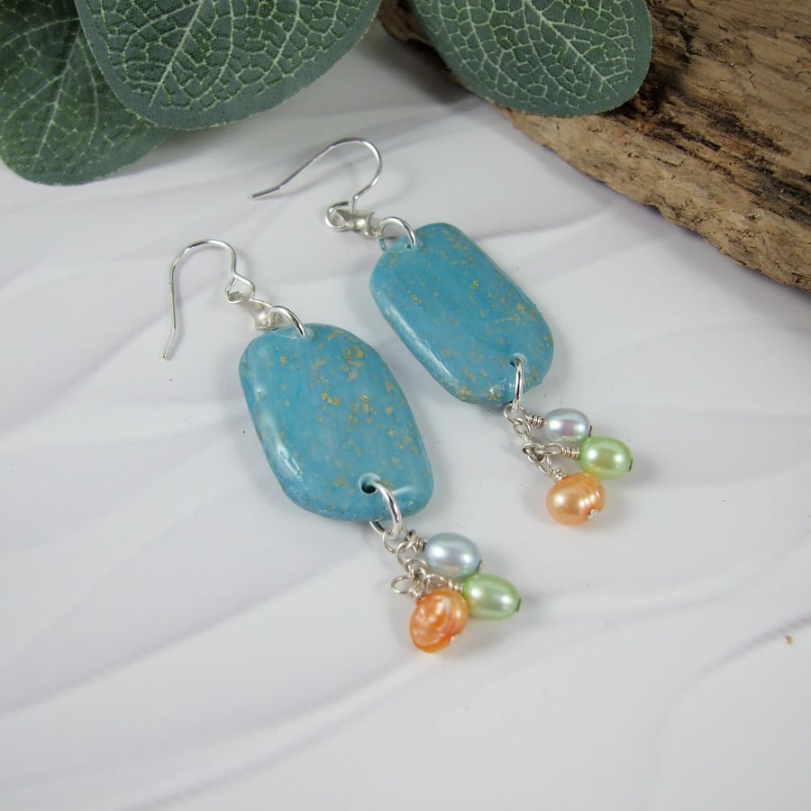 Earrings, Sterling Silver and Turquoise Polymer Clay & Pearl Droppers