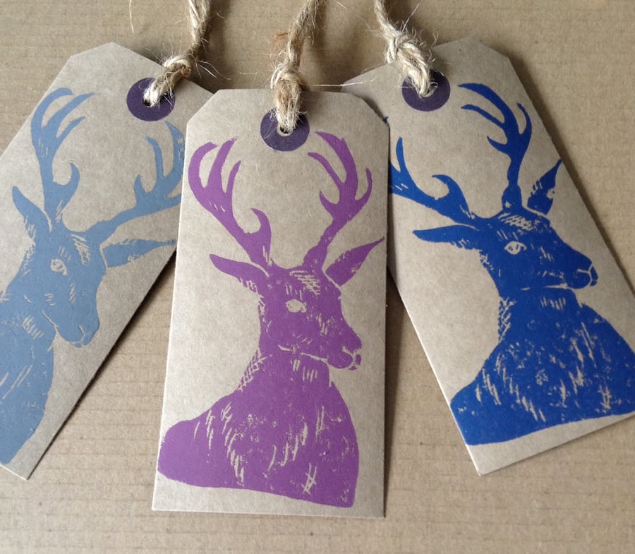 Set of three hand printed stag gift tags