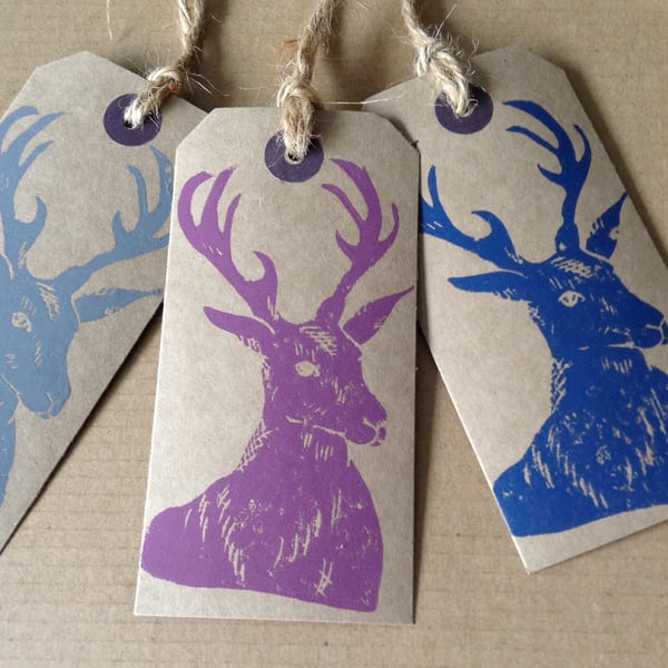 Set of three hand printed stag gift tags
