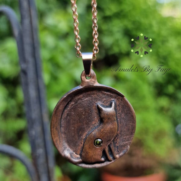 Copper Cat Sitting On A Moon with Citrine Gemstone Pendant Necklace