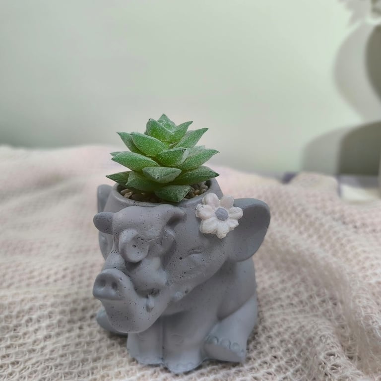 Concrete elephant planter with faux succulent, cute shelf decor, desk ornaments
