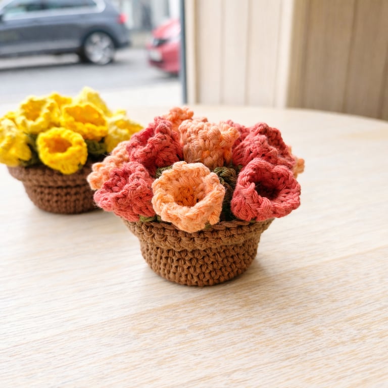 Crochet Flower Coaster with Pot – Sunset Coral Handmade Cup Mat – Tea Lover Gift