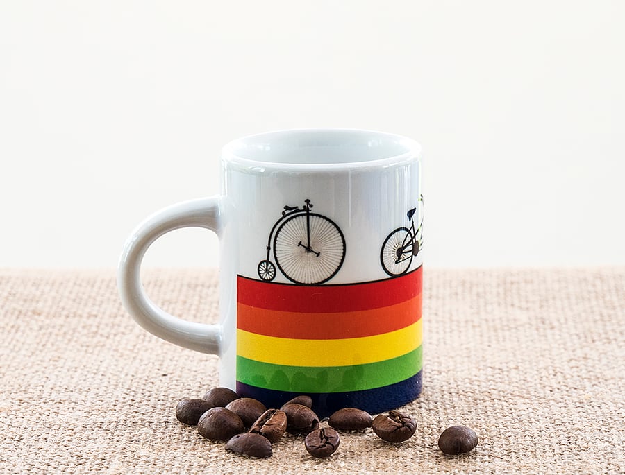 Rainbow Bicycle Espresso Coffee Mug Penny Farthing Tandem Road Bike LGBT LGBTQ