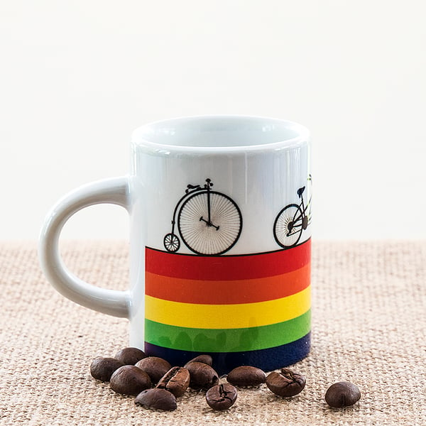 Rainbow Bicycle Espresso Coffee Mug Penny Farthing Tandem Road Bike LGBT LGBTQ