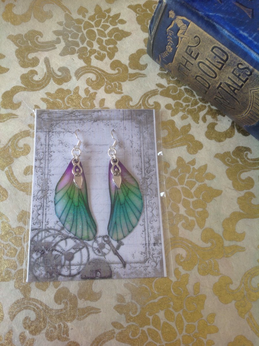 Purple and Green Fairy Wing Goddess Sterling Silver Earrings