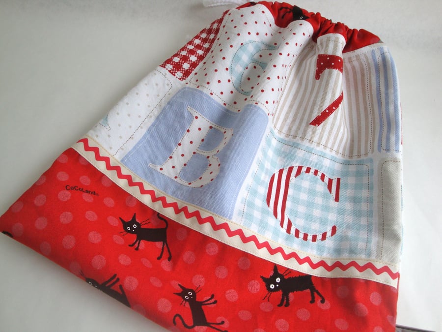 SALE Cotton Drawstring  Bag - Kids Cat Bag 