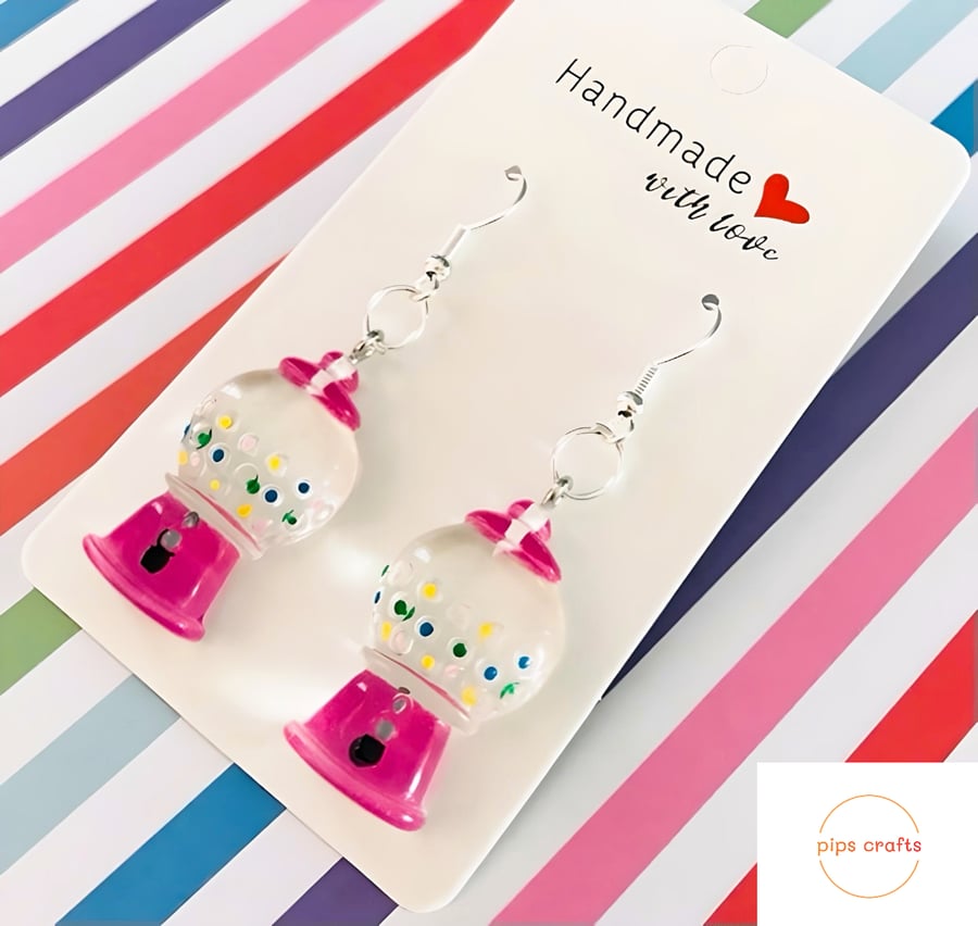 Quirky Pink Bubblegum Machine Earrings, 925 Silver Hooks, Fun Handmade Jewellery