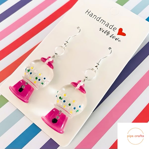 Quirky Pink Bubblegum Machine Earrings, 925 Silver Hooks, Fun Handmade Jewellery