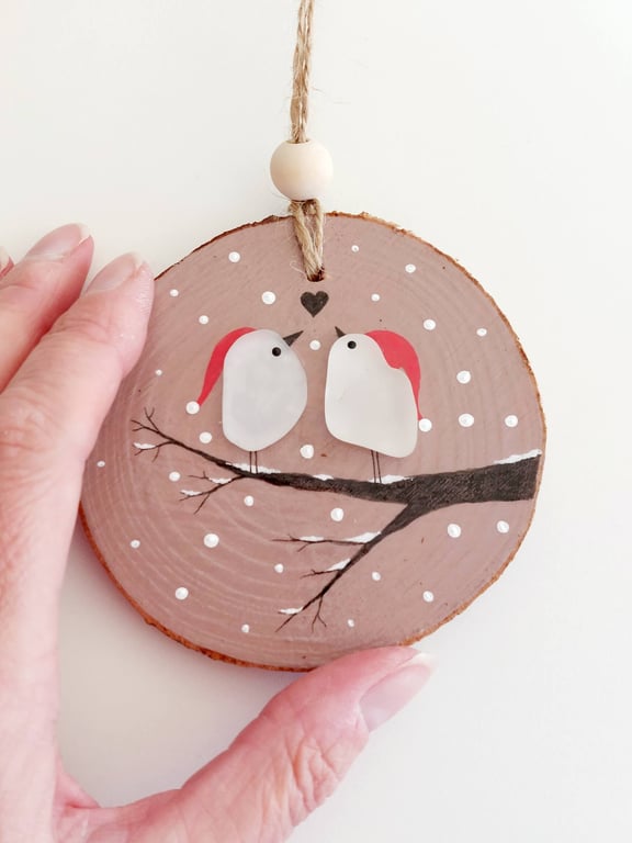 Sea Glass Lovebirds Christmas Ornament, Handmade Quirky Coastal Tree Decoration