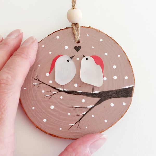Sea Glass Lovebirds Christmas Ornament, Handmade Quirky Coastal Tree Decoration