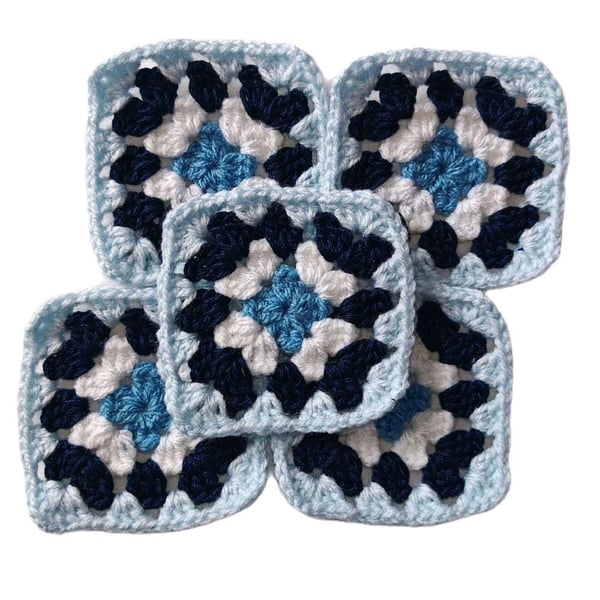Handmade Nordic Blue Granny Squares Crochet Patchwork, 3-Inch