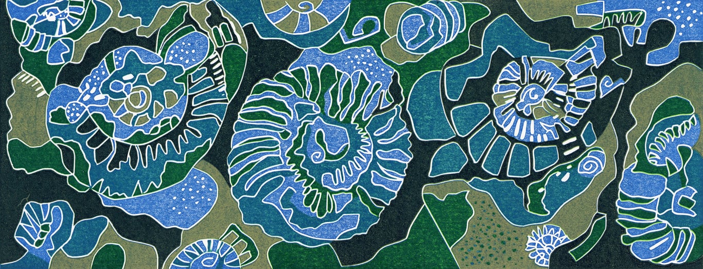 Fossil lino prints, Ammonites - blue