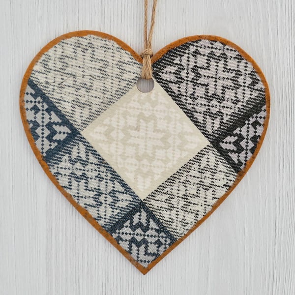 Grey Diamond: Decoupaged Wooden Hanging Heart 15cm (6”)