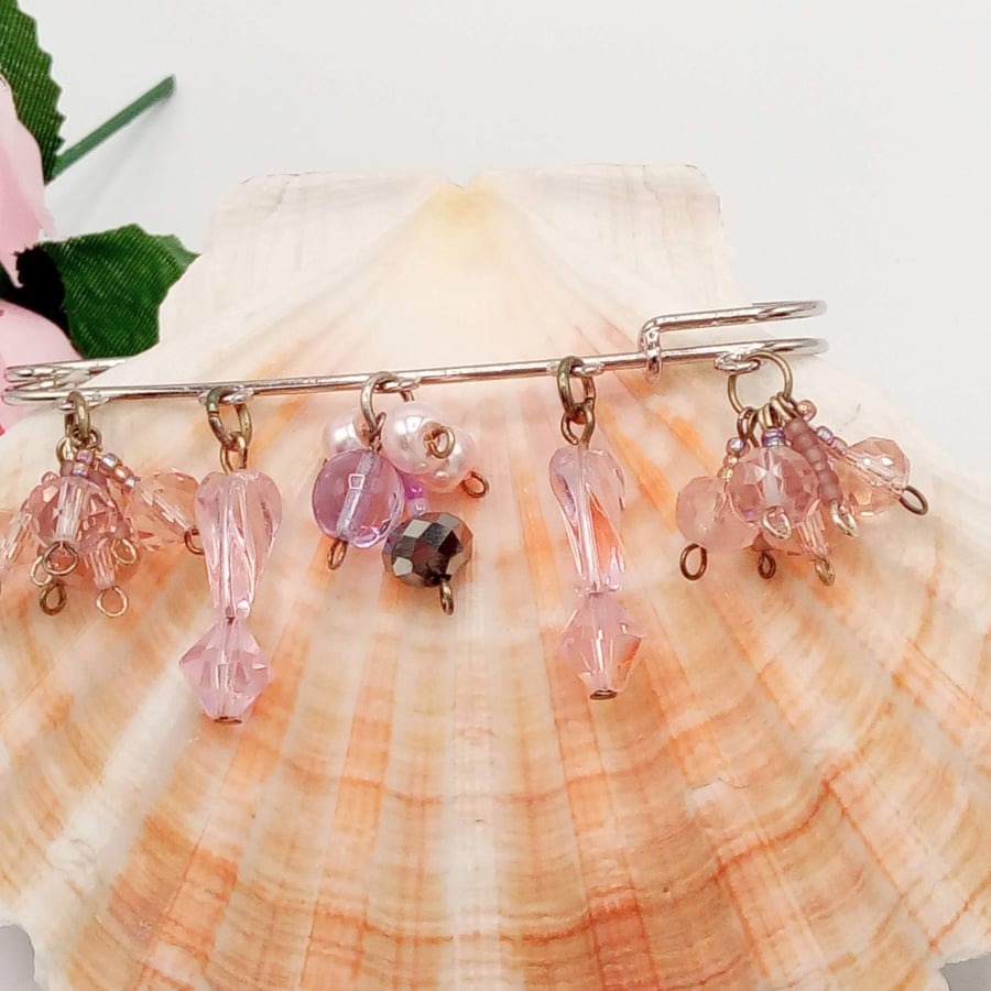 Pink Beaded Crystal Charm Ladies Kilt Pin Brooch